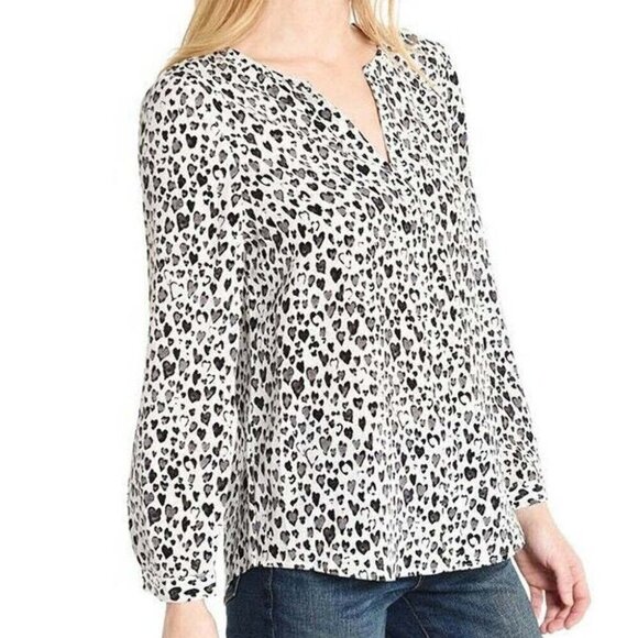 Joie Tops - Joie Silk Blouse Womens Extra Small Black V Neck Long Sleeve White Purine Hearts